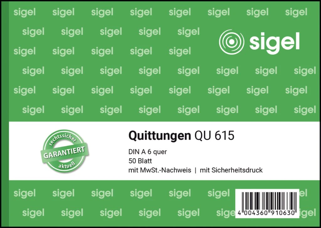sigel Formularbuch "Quittung", mit MwSt.-Nachweis, A6 quer (EAN: 4004360910630)