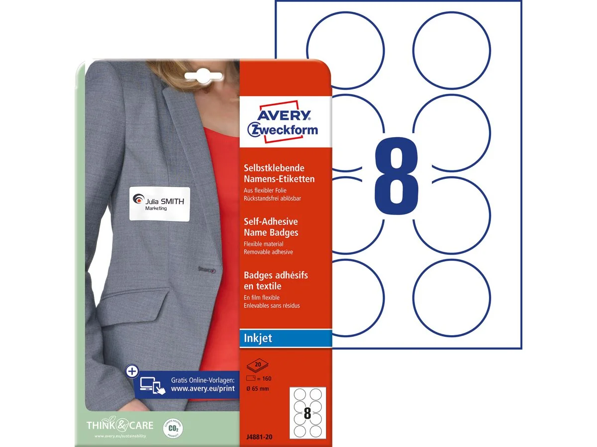 AVERY Zweckform Inkjet-Namens-Etiketten, 65 mm, rund, weiß (EAN: 4004182148136)