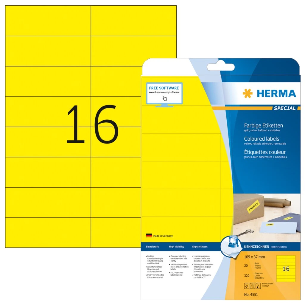 HERMA Universal-Etiketten SPECIAL, 105 x 37 mm, gelb (EAN: 4008705045513)