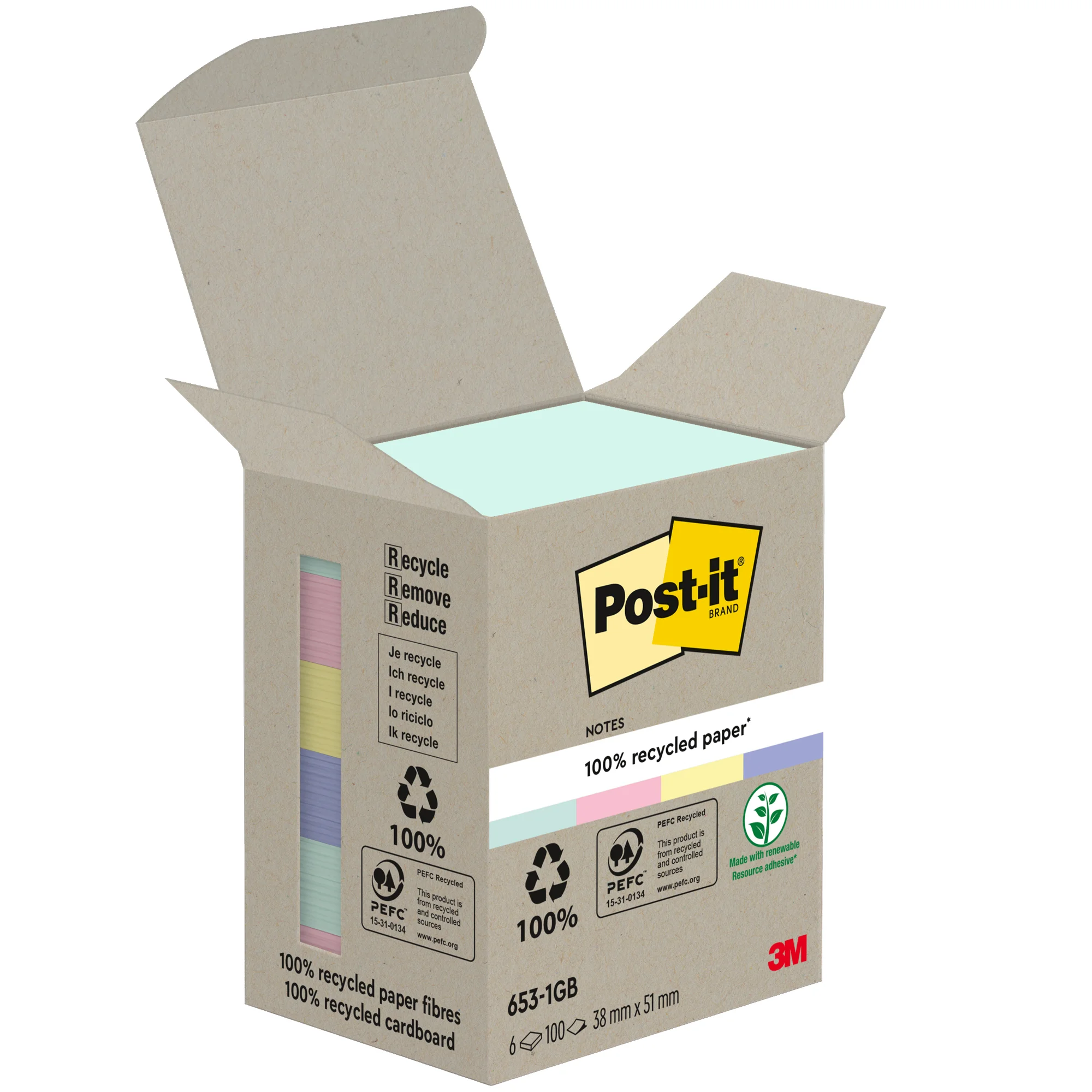 Post-it Haftnotizen Recycling notes, 51 x 38 mm, mehrfarbig (EAN: 4054596928350)