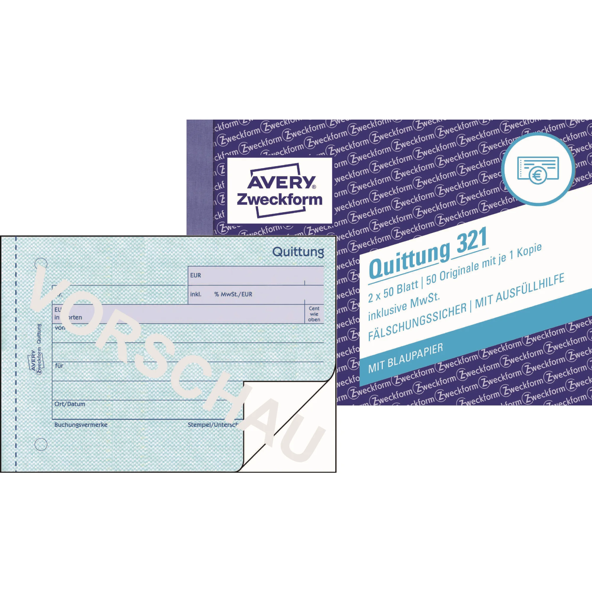 AVERY Zweckform Formularbuch "Quittung", A6 quer, 2x50 Blatt (EAN: 4004182003213)