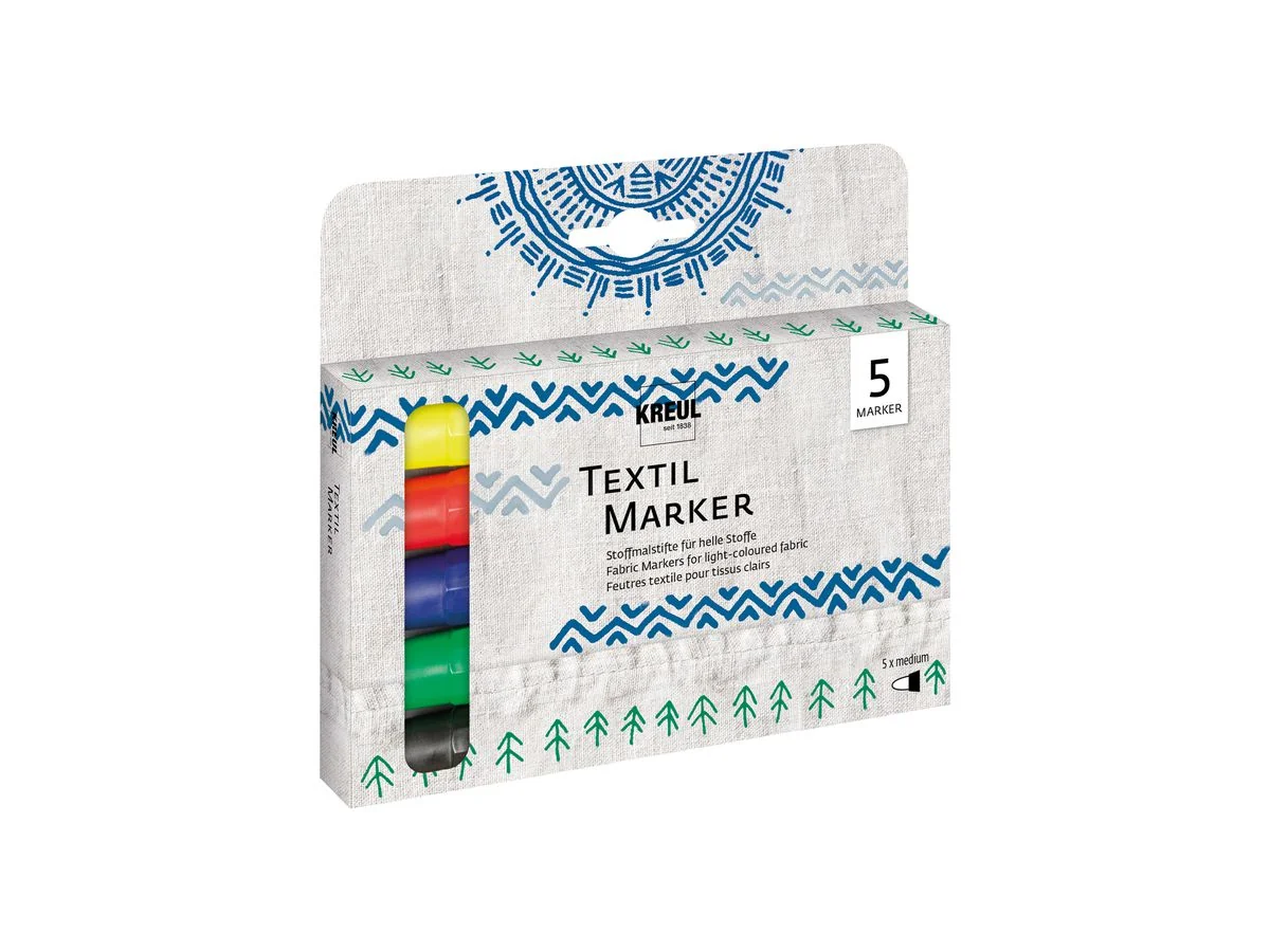 KREUL Textilmarker medium, 5er-Set, schwarz, blau, grün, rot, gelb (EAN: 4000798907105)