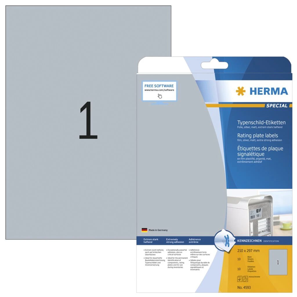 HERMA Typenschild-Etiketten SPECIAL, 210 x 297 mm, silber (EAN: 4008705045933)