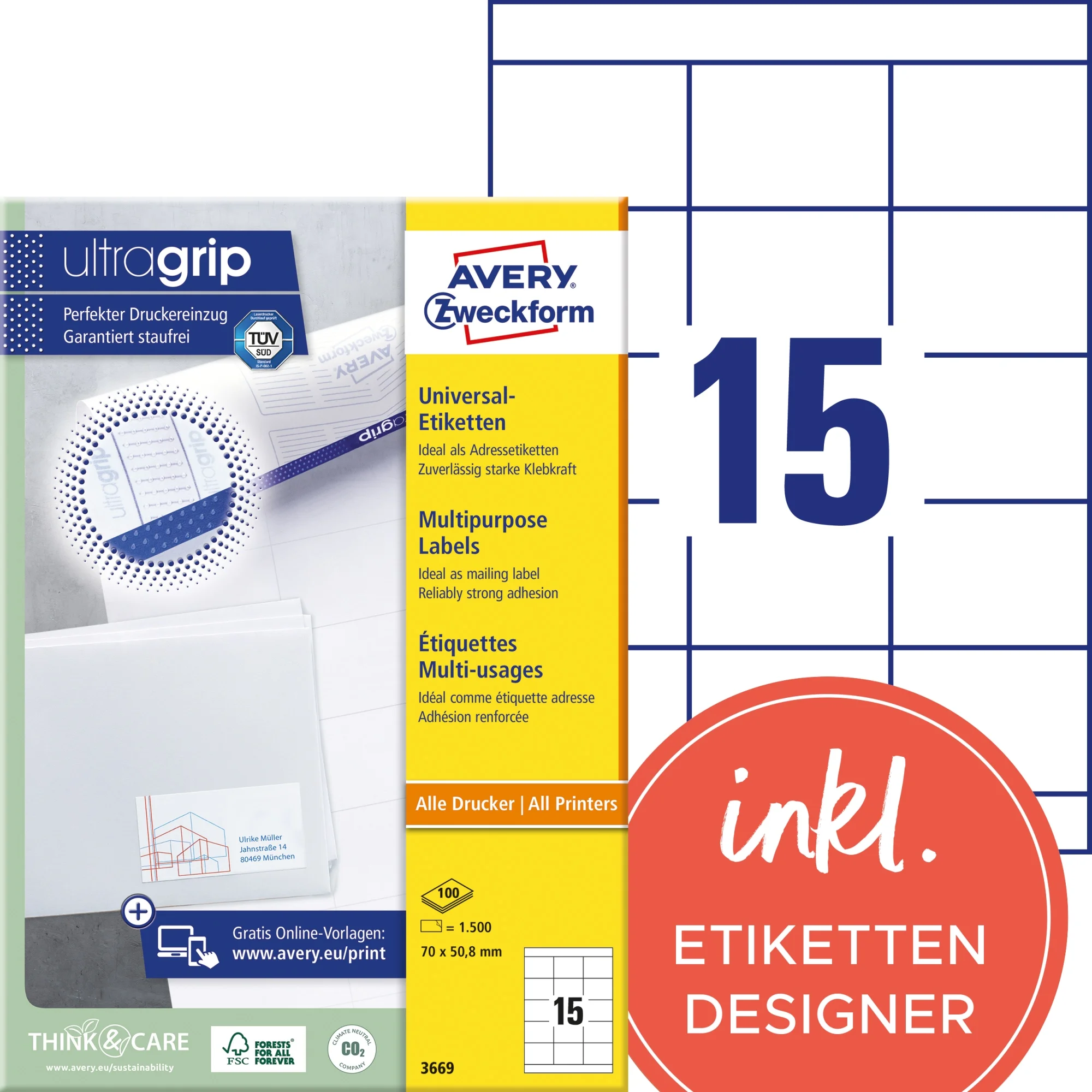 AVERY Zweckform Universal-Etiketten, 70 x 50,8 mm, weiß (EAN: 4004182036693)