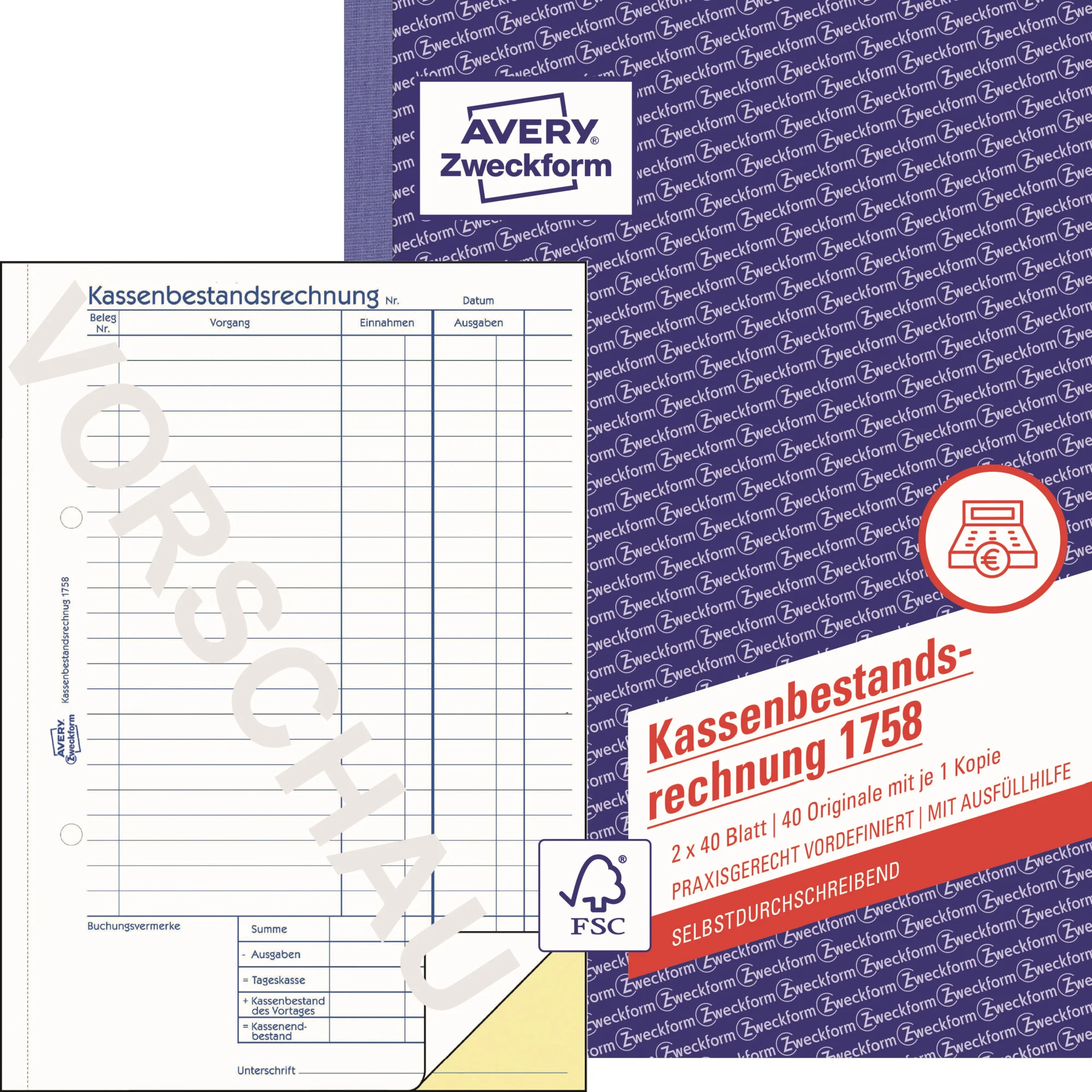 AVERY Zweckform Formularbuch "Kassenbericht/Bestand", A5 (EAN: 4004182017586)