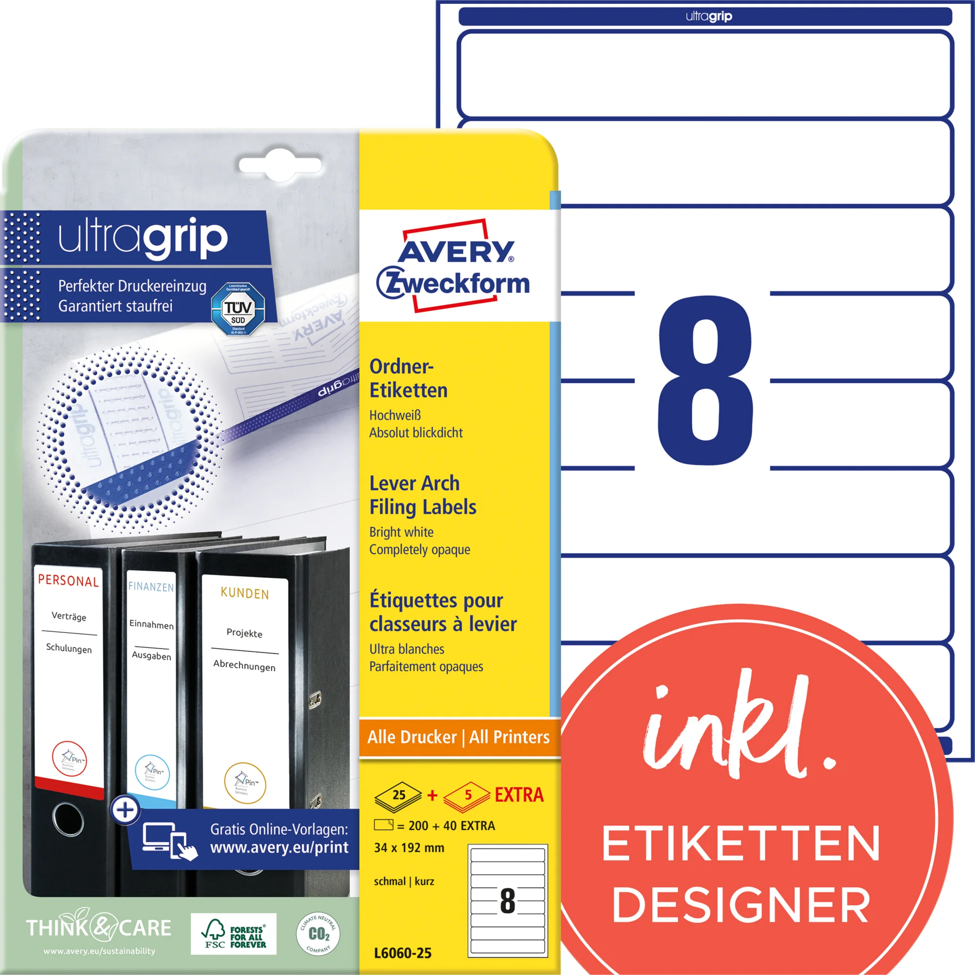 AVERY Zweckform Ordnerrücken-Etiketten, 34 x 192 mm, weiß (EAN: 4004182060605)
