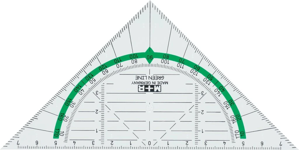 M+R Geometriedreieck "Green Line", Hypotenuse: 160 mm, glasklar, grün hinterlegt (EAN: 4004627237814)