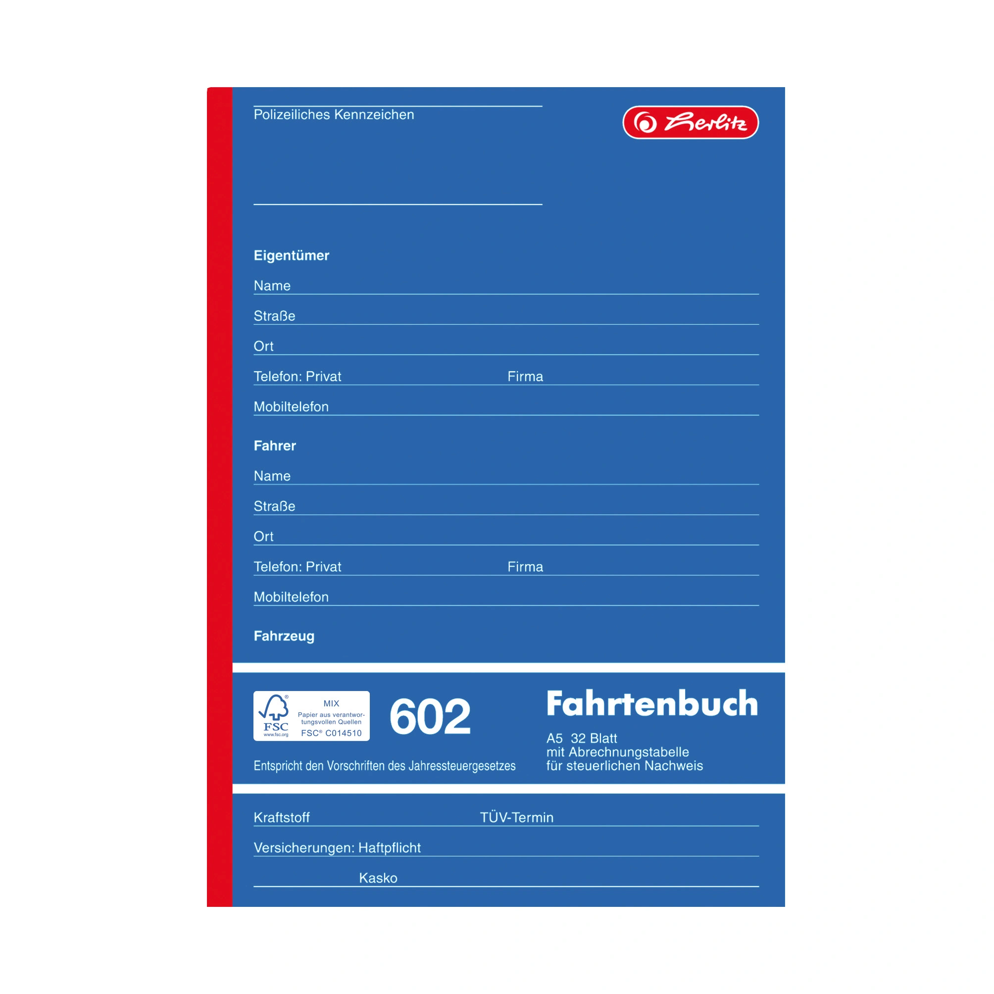 herlitz Formularbuch "Fahrtenbuch 602", A5, 32 Blatt (EAN: 4008110840635)