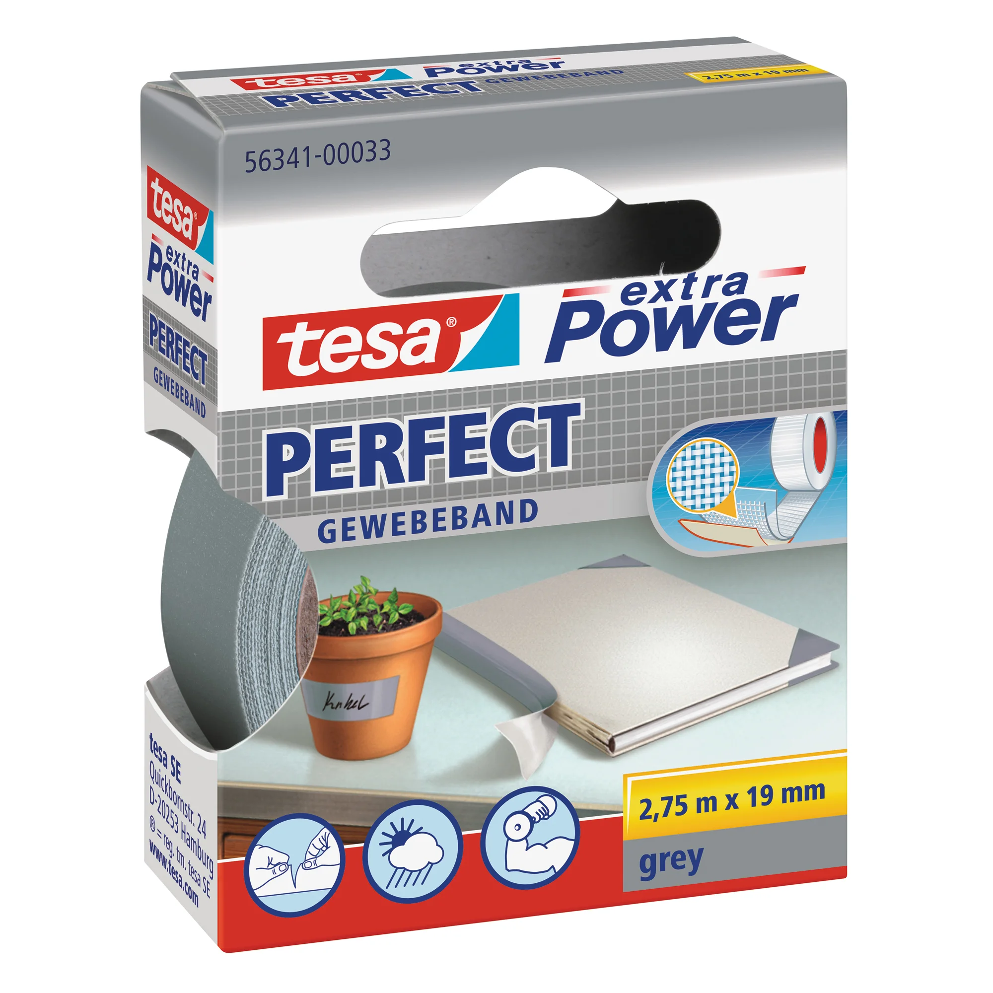 tesa Gewebeband extra Power PERFECT, 19 mm x 2,75 m, grau (EAN: 4042448044112)