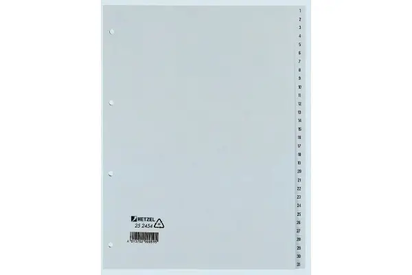 HETZEL Kunststoff-Register, Zahlen, A4, 1-31, PP, grau (EAN: 4013702000595)