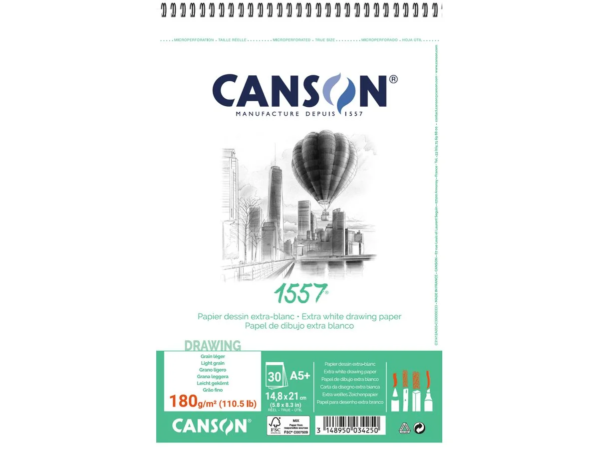 CANSON Zeichenpapierblock 1557, DIN A5, 180 g/qm, 30 Blatt, reinweiß (EAN: 3148950034250)