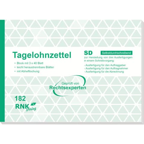 RNK Verlag Vordruck "Tagelohnzettel", Block, SD, DIN A5 quer (EAN: 4002871018203)