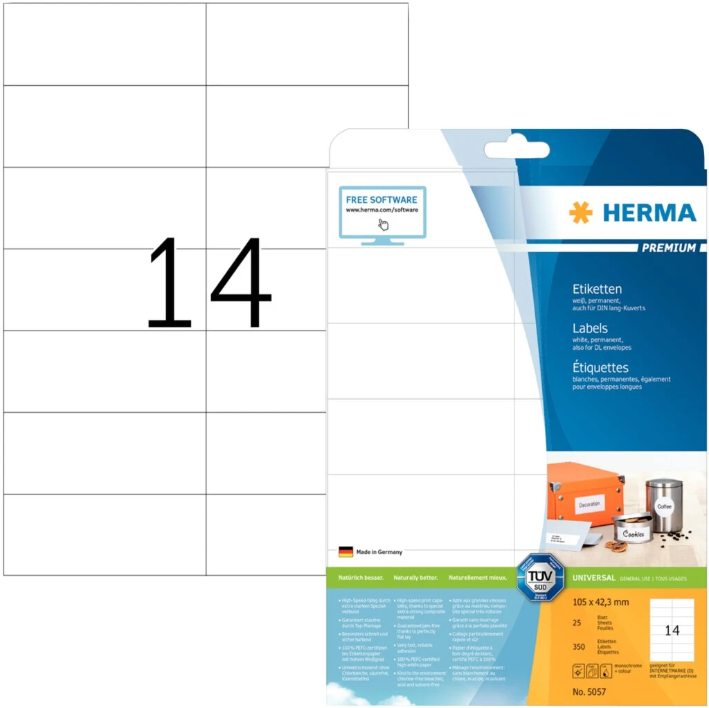 HERMA Universal-Etiketten PREMIUM, 105 x 42,3 mm, weiß (EAN: 4008705050579)