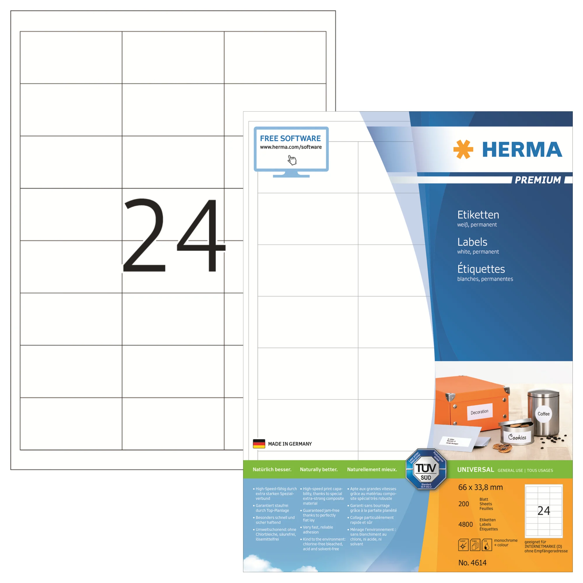 HERMA Universal-Etiketten PREMIUM, 66 x 33,8 mm, weiß (EAN: 4008705046145)