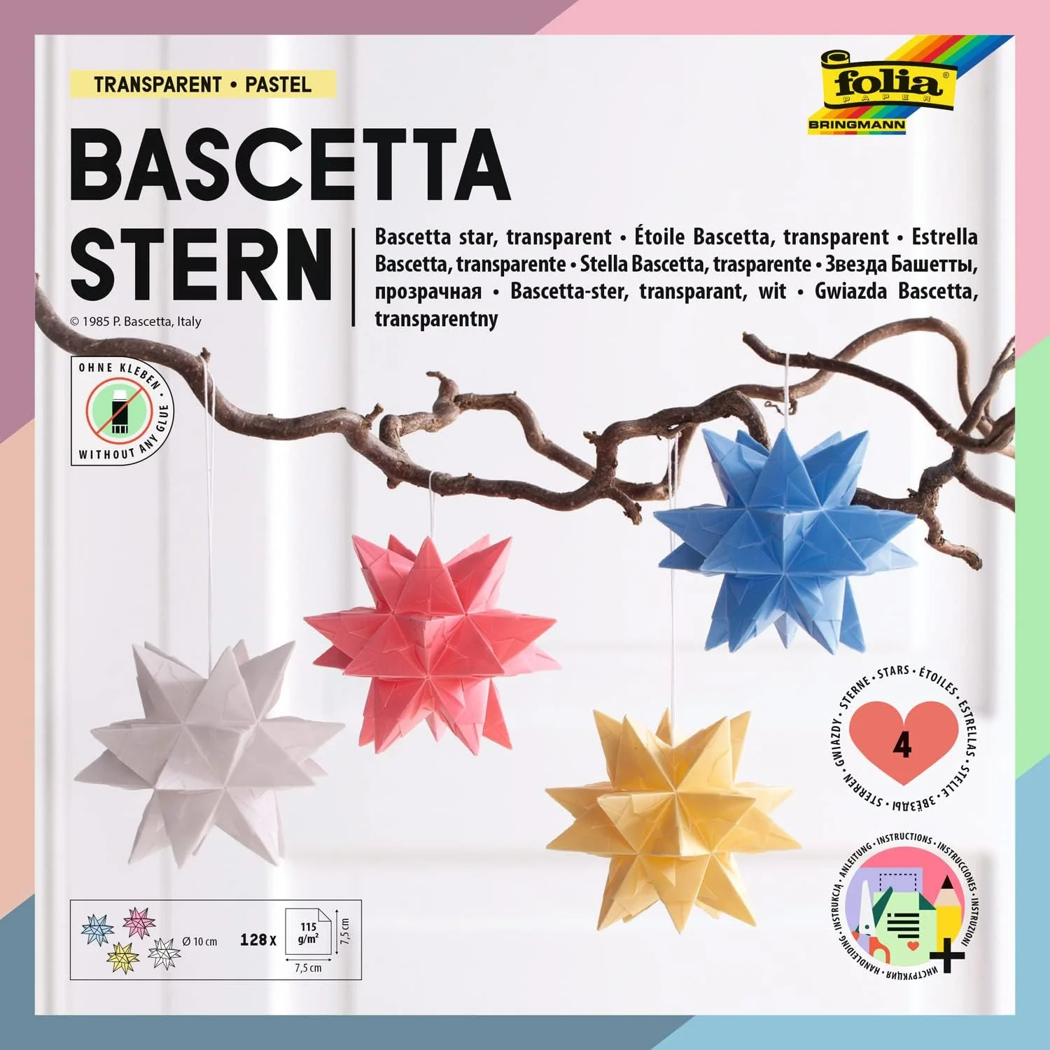 folia Faltblätter Bascetta-Stern, 75 x 75 mm, pastell, weiß, hellgelb, rosa und hellblau (EAN: 4001868111910)