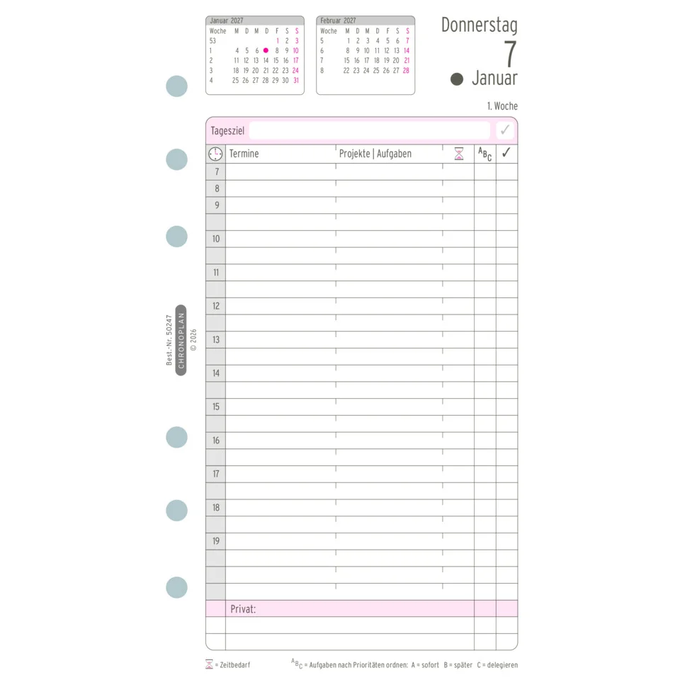 CHRONOPLAN Tagesplan 2027, 1 Tag/1 Seite, Midi, 96 x 172 mm (EAN: 4004182088722)