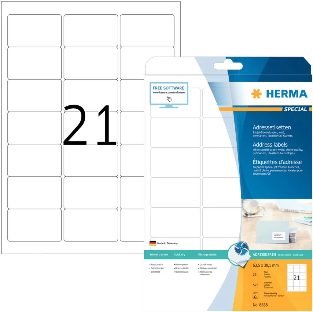 HERMA Inkjet-Etiketten SPECIAL, 63,5 x 38,1 mm, weiß (EAN: 4008705088381)