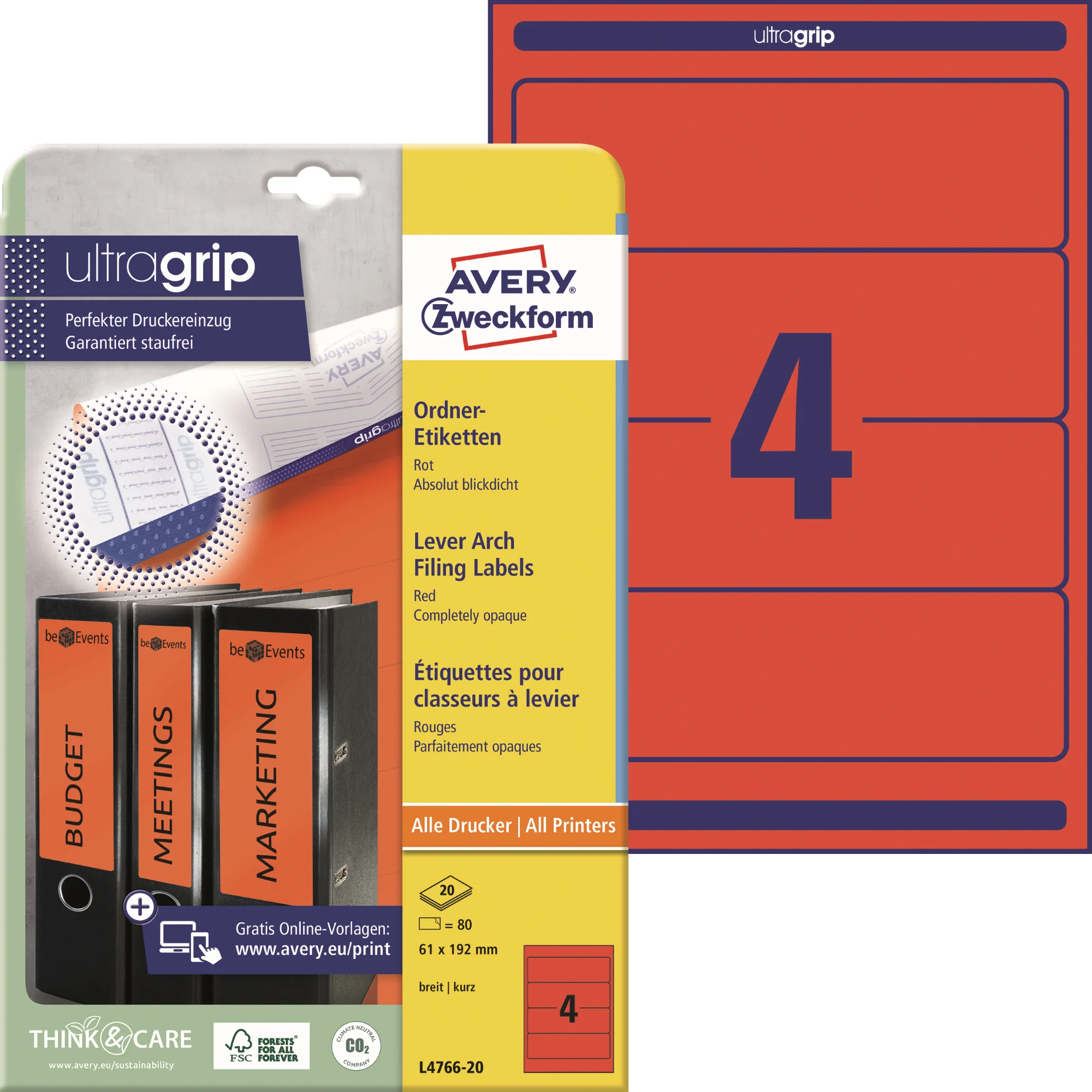 AVERY Zweckform Ordnerrücken-Etiketten, 61 x 192 mm, rot (EAN: 4004182047668)