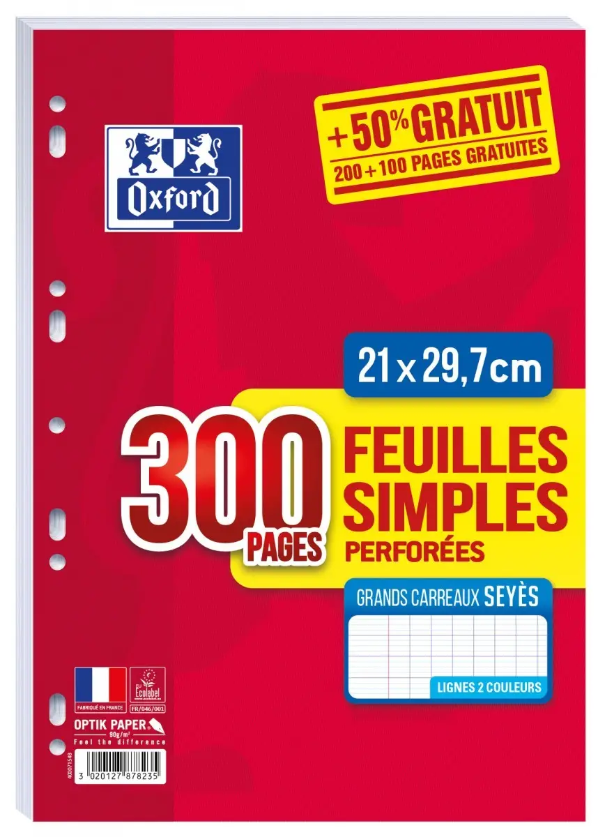 Oxford Feuilles simples perforées, A4, Seyès, Offre Spéciale (EAN: 3020127878235)