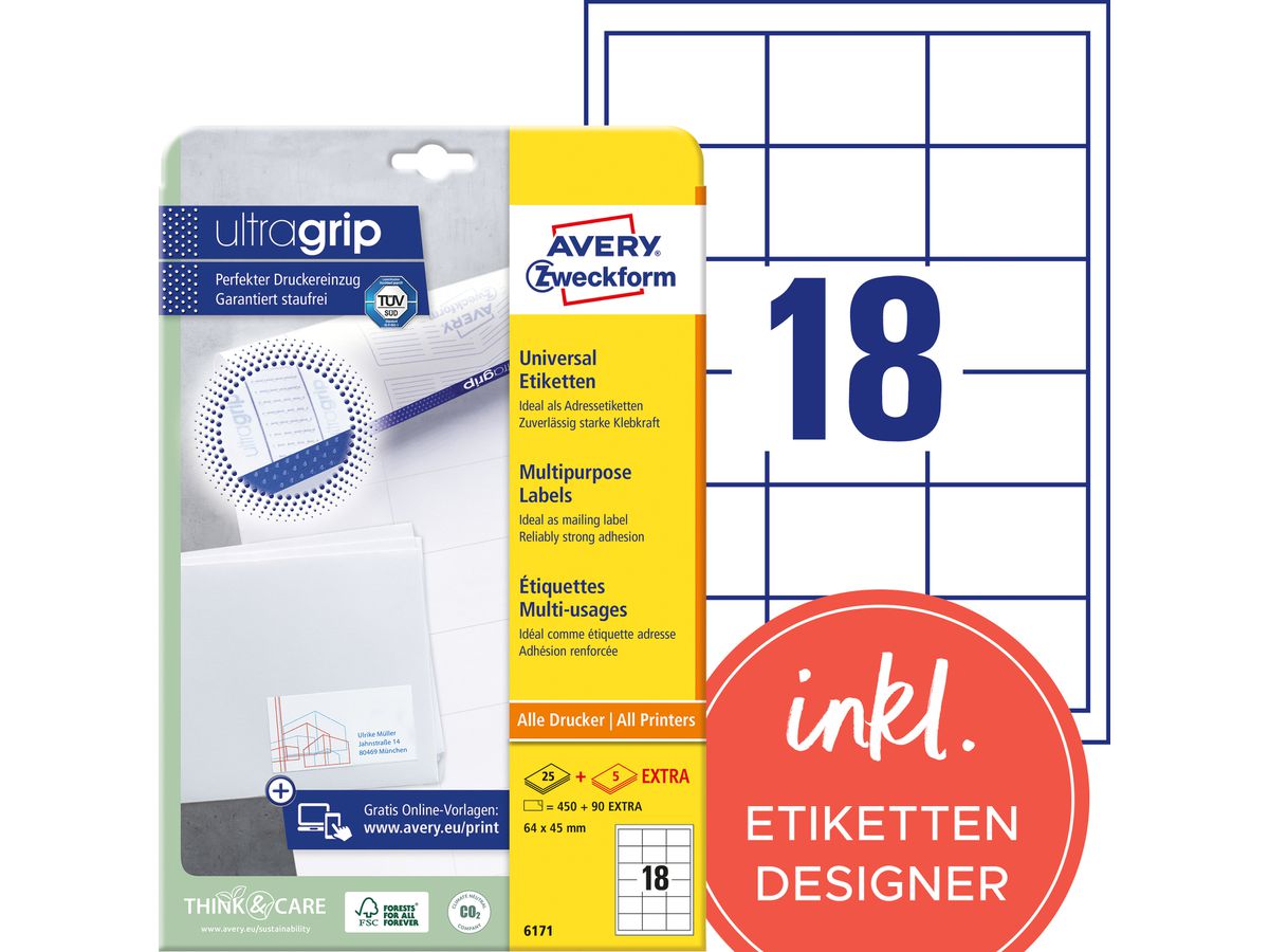 AVERY Zweckform Universal-Etiketten, 64 x 45 mm, weiß (EAN: 4004182061718)