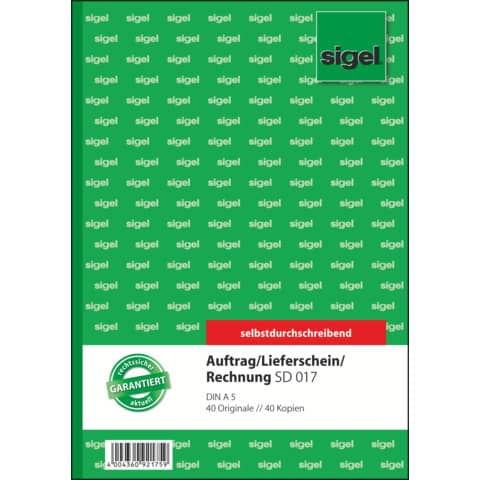 sigel Formularbuch "Auftrag/Lieferschein/Rechnung", A5 (EAN: 4004360921759)