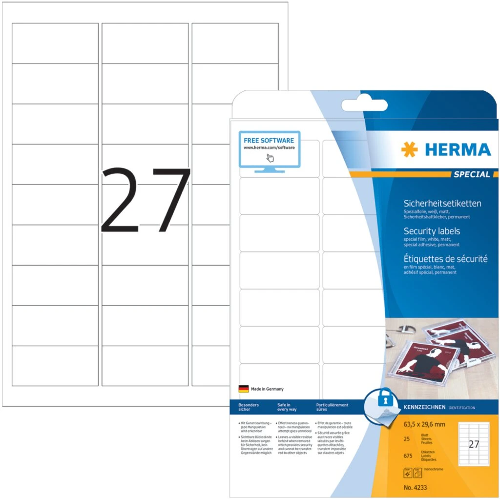 HERMA Sicherheits-Etiketten SPECIAL, 63,5 x 29,6 mm, weiß (EAN: 4008705042338)
