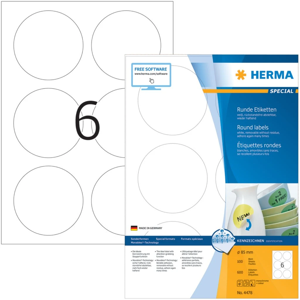 HERMA Universal-Etiketten SPECIAL, Durchmesser 85 mm, weiß (EAN: 4008705044783)