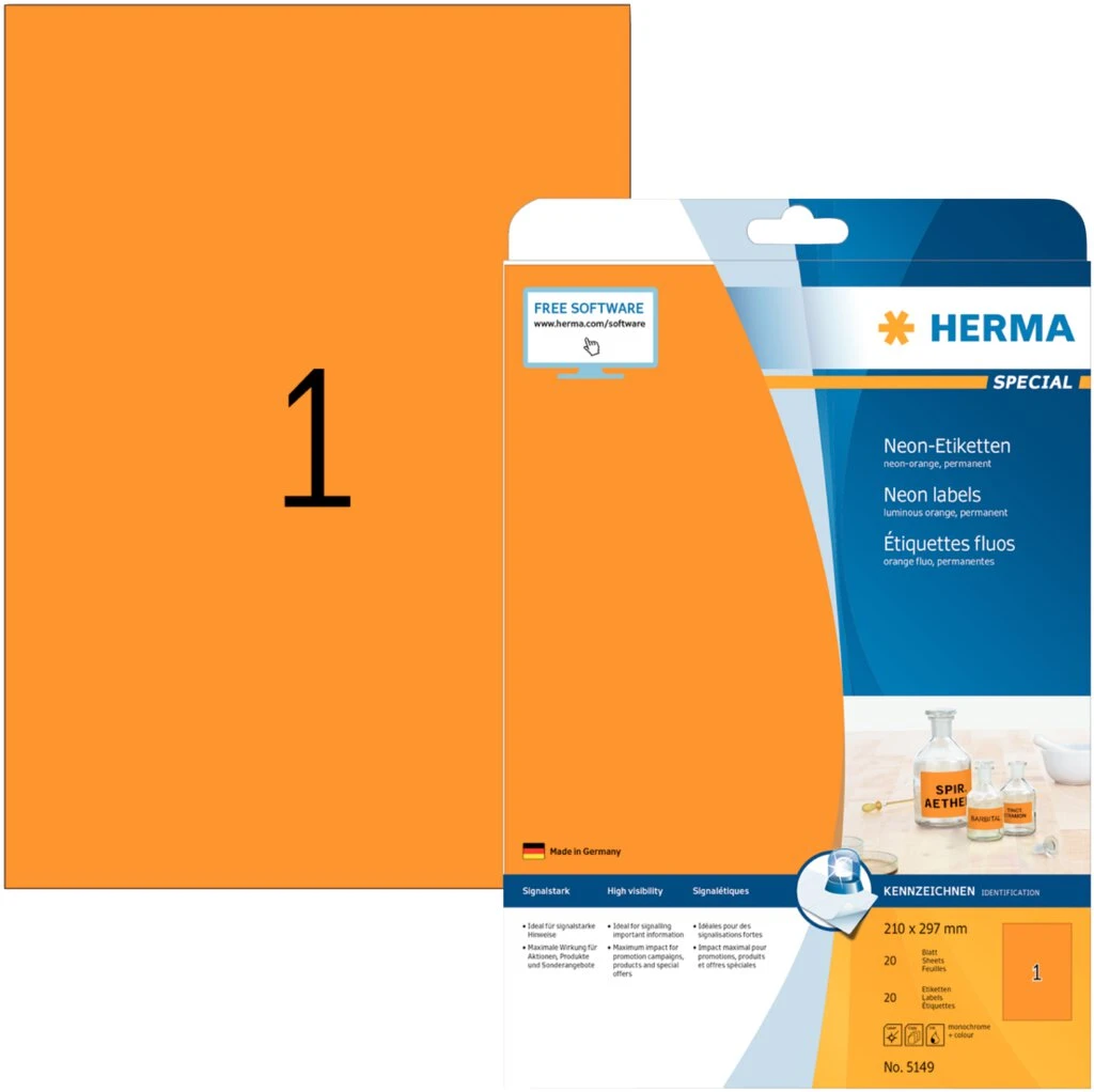 HERMA Universal-Etiketten SPECIAL, 210 x 297 mm, neon-orange (EAN: 4008705051491)