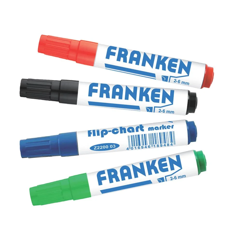 FRANKEN Flipchart Marker, Strichstärke: 2-6 mm, 4er Etui, rot, blau, grün und schwarz (EAN: 4016946190602)