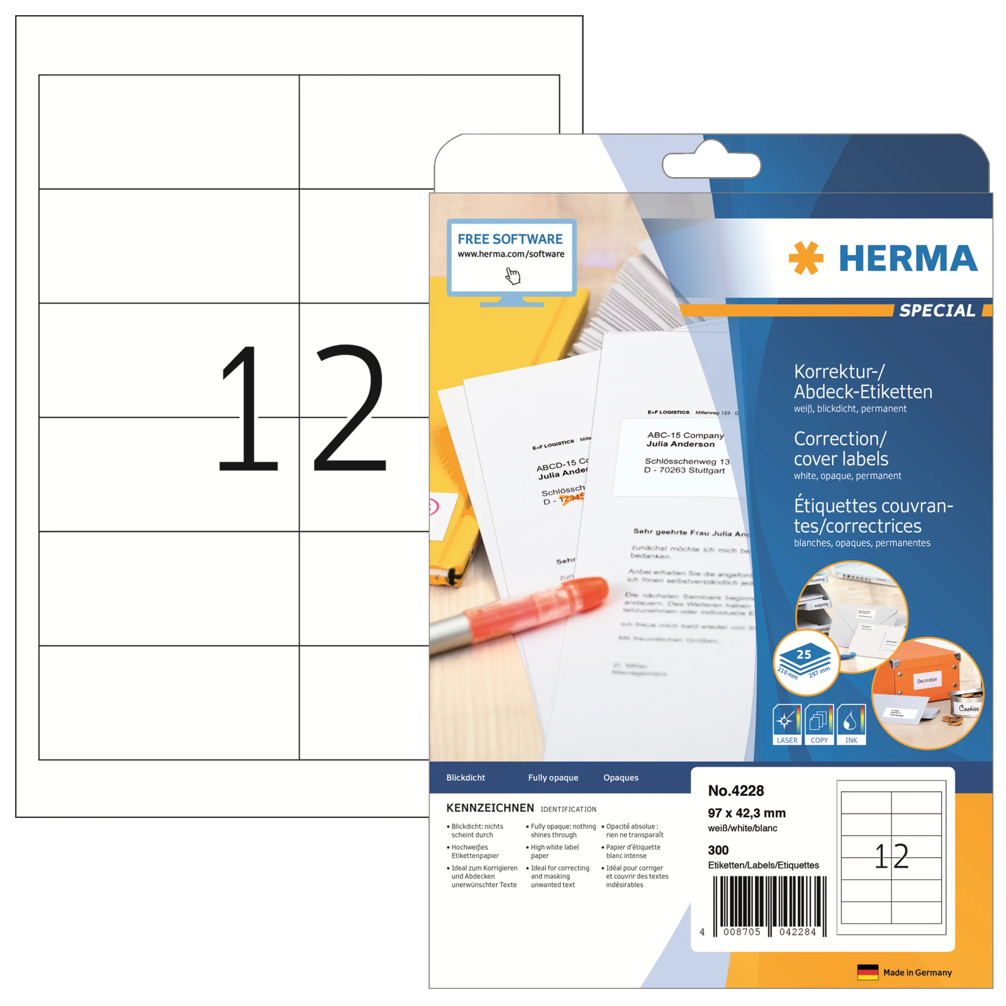 HERMA Korrektur-/Abdeck-Etiketten SPECIAL, 97,0 x 42,3 mm, weiß (EAN: 4008705042284)