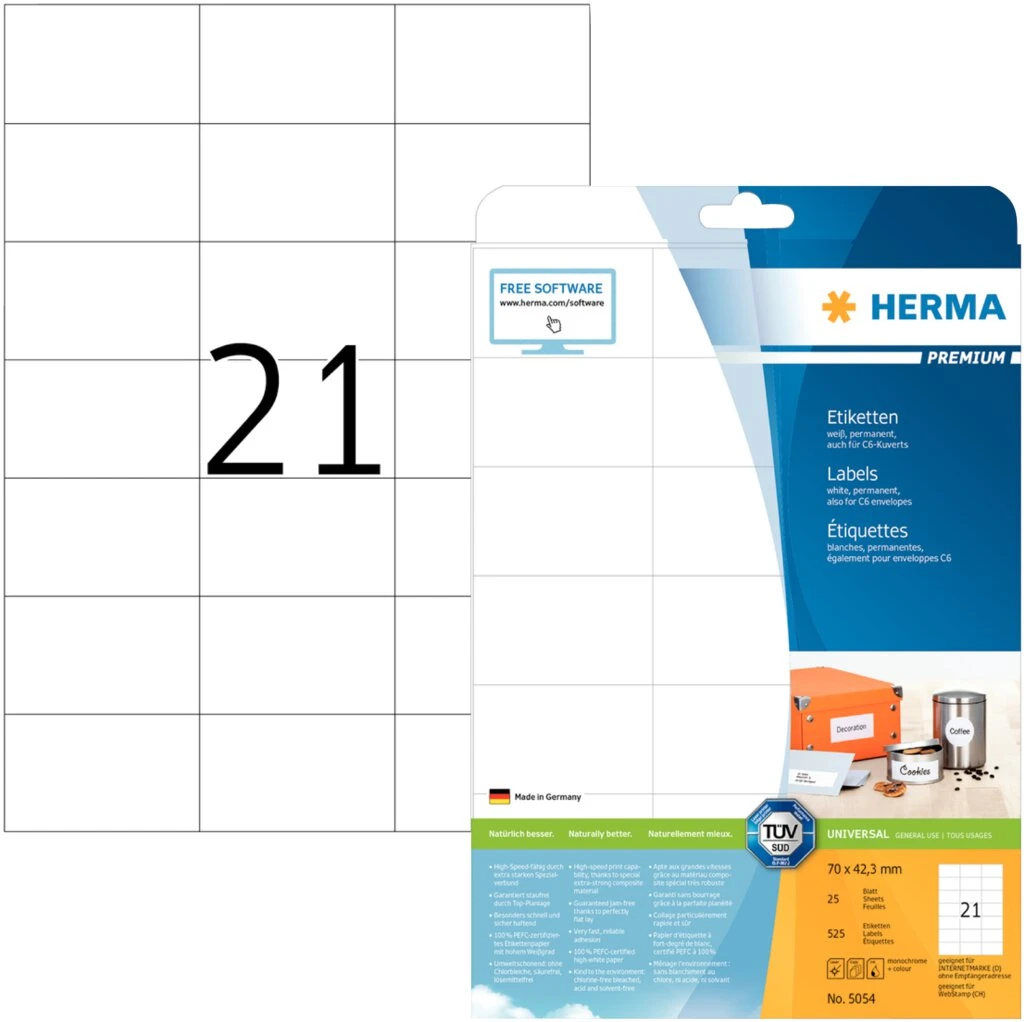 HERMA Universal-Etiketten PREMIUM, 70 x 42,3 mm, weiß (EAN: 4008705050548)