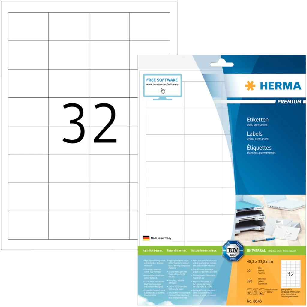 HERMA Universal-Etiketten PREMIUM, 48,3 x 33,8 mm, weiß (EAN: 4008705086431)