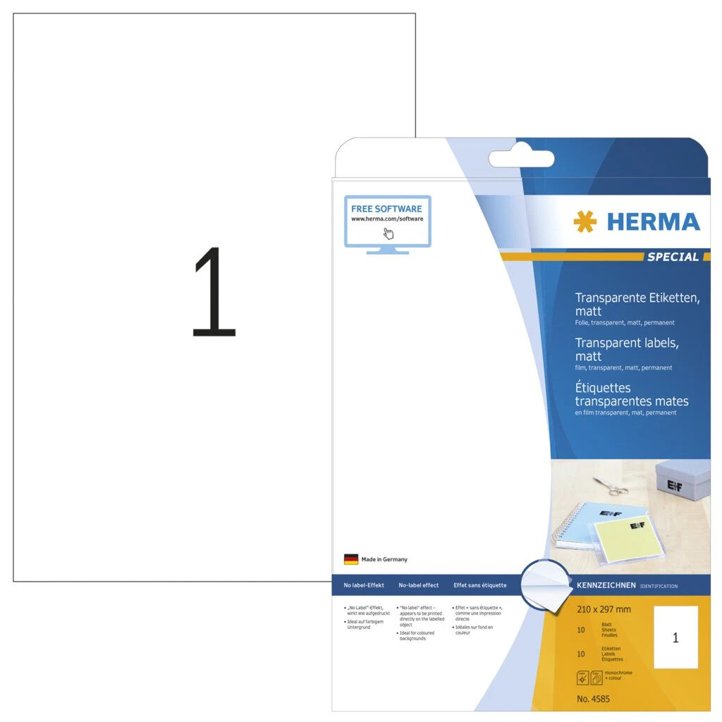HERMA Transparente Folien-Etiketten SPECIAL, 210 x 297 mm (EAN: 4008705045858)