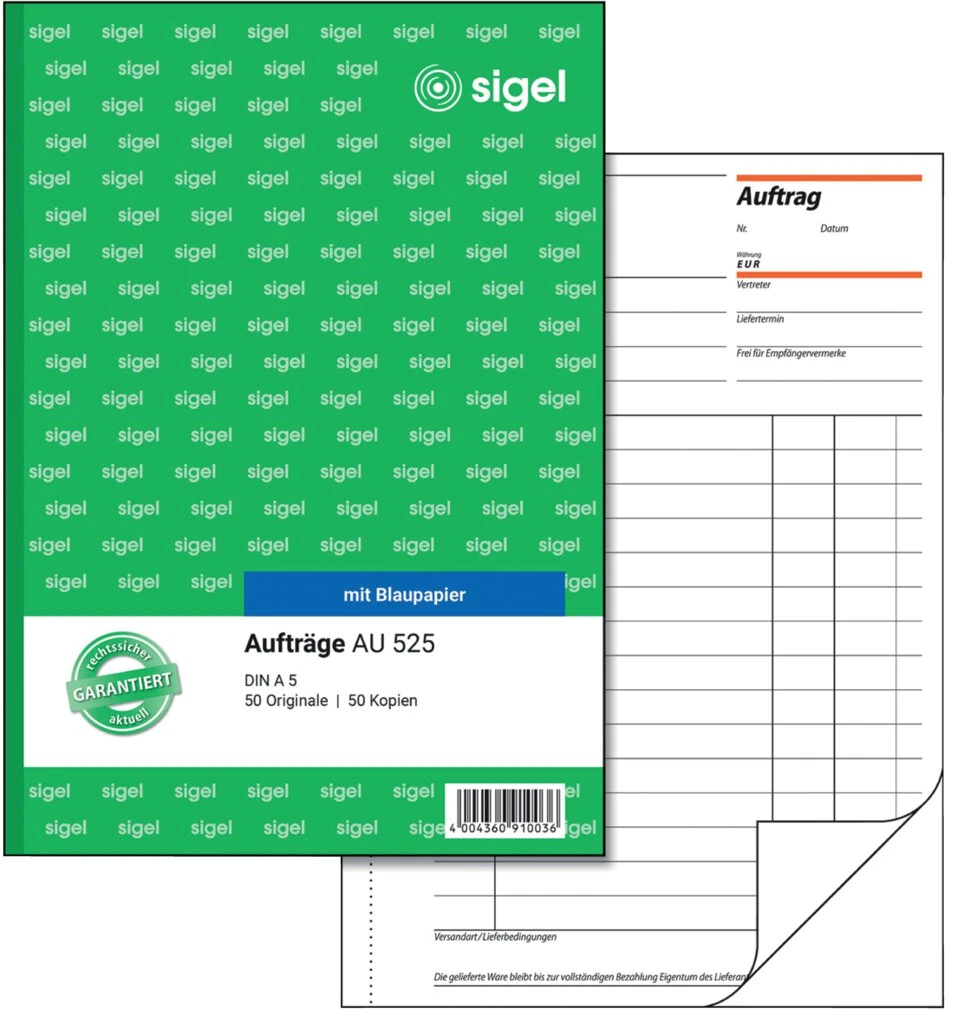 sigel Formularbuch "Auftrag", A5, 2 x 50 Blatt, Blaupapier (EAN: 4004360910036)