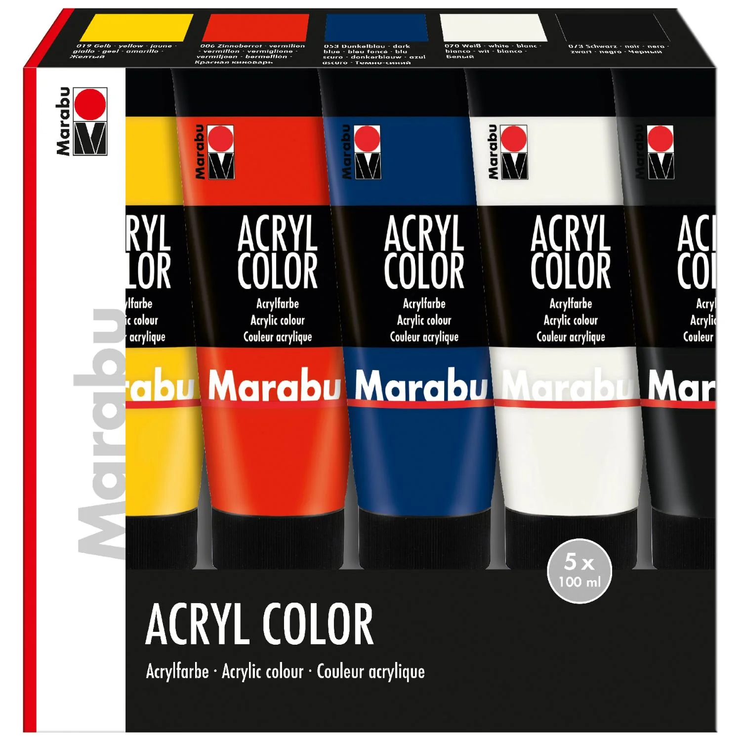 Marabu Acrylfarbe "AcrylColor", Starter Set 5 x 100 ml, gelb, zinnoberrot, dunkelblau, weiß, schwarz (EAN: 4007751478412)