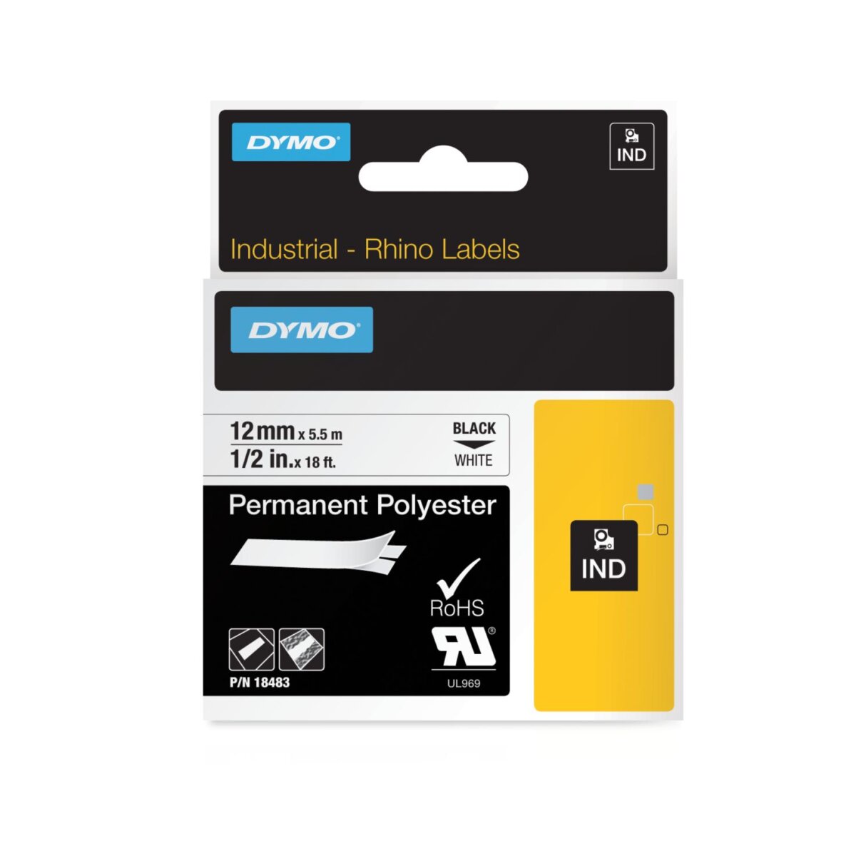DYMO RHINO Polyester-Schriftband schwarz/weiß, 12 mm x 5,5 m (EAN: 0071701184832)