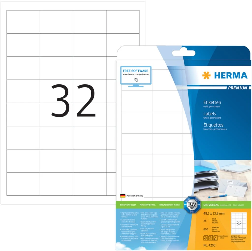 HERMA Universal-Etiketten PREMIUM, 48,3 x 33,8 mm, weiß (EAN: 4008705042000)