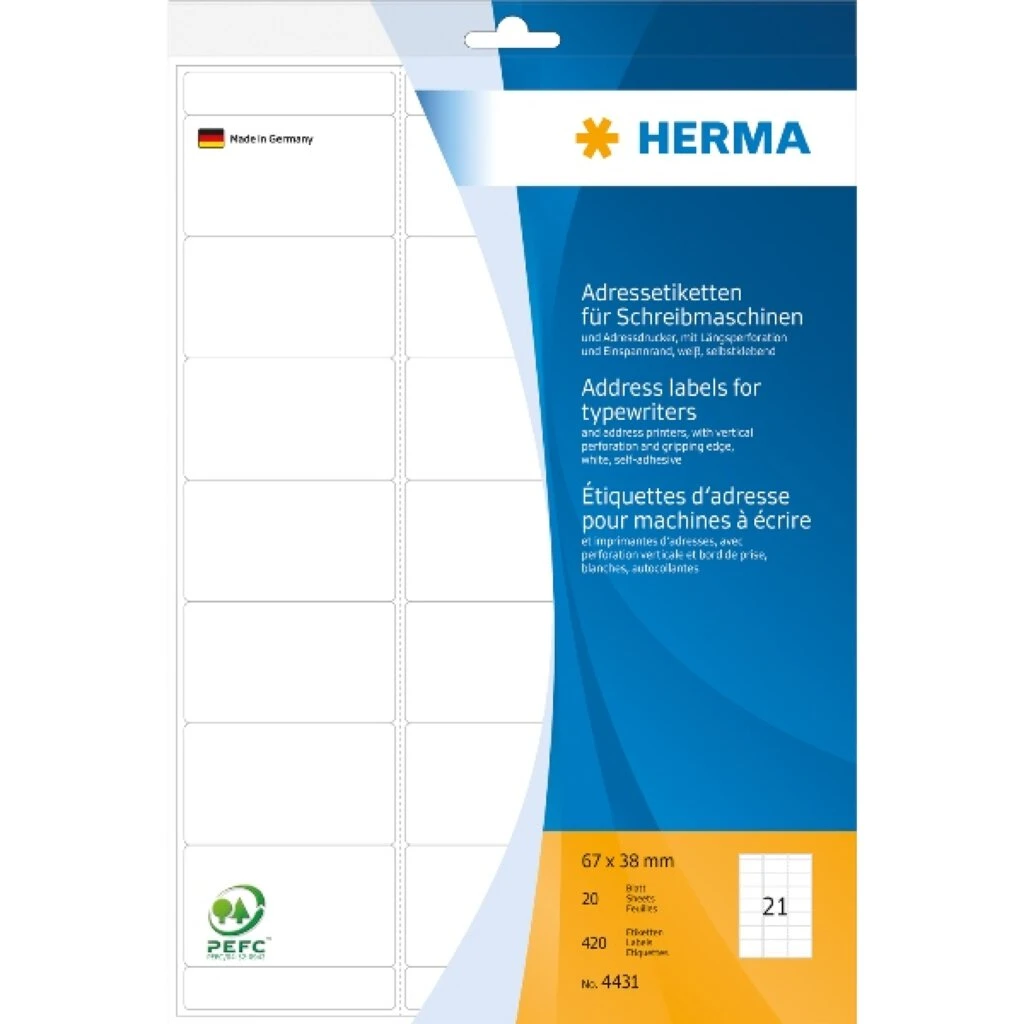 HERMA Adress-Etiketten, 67 x 38 mm, Ecken abgerundet, weiß (EAN: 4008705044318)
