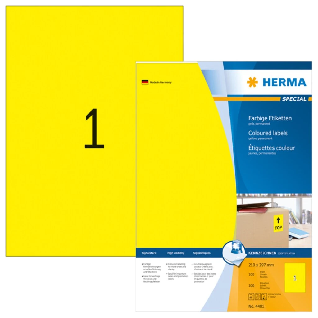 HERMA Universal-Etiketten SPECIAL, 210 x 297 mm, gelb (EAN: 4008705044011)