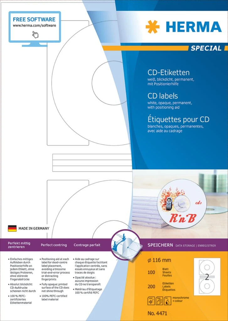 HERMA CD/DVD-Etiketten SPECIAL, Durchmesser: 116 mm, weiß (EAN: 4008705044714)