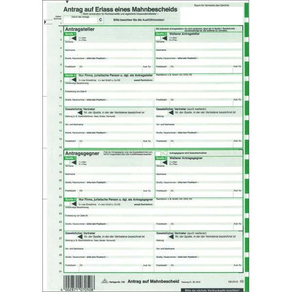RNK Verlag Vordruck "Antrag auf Erlass eines Mahnbescheids" (EAN: 4002871070508)