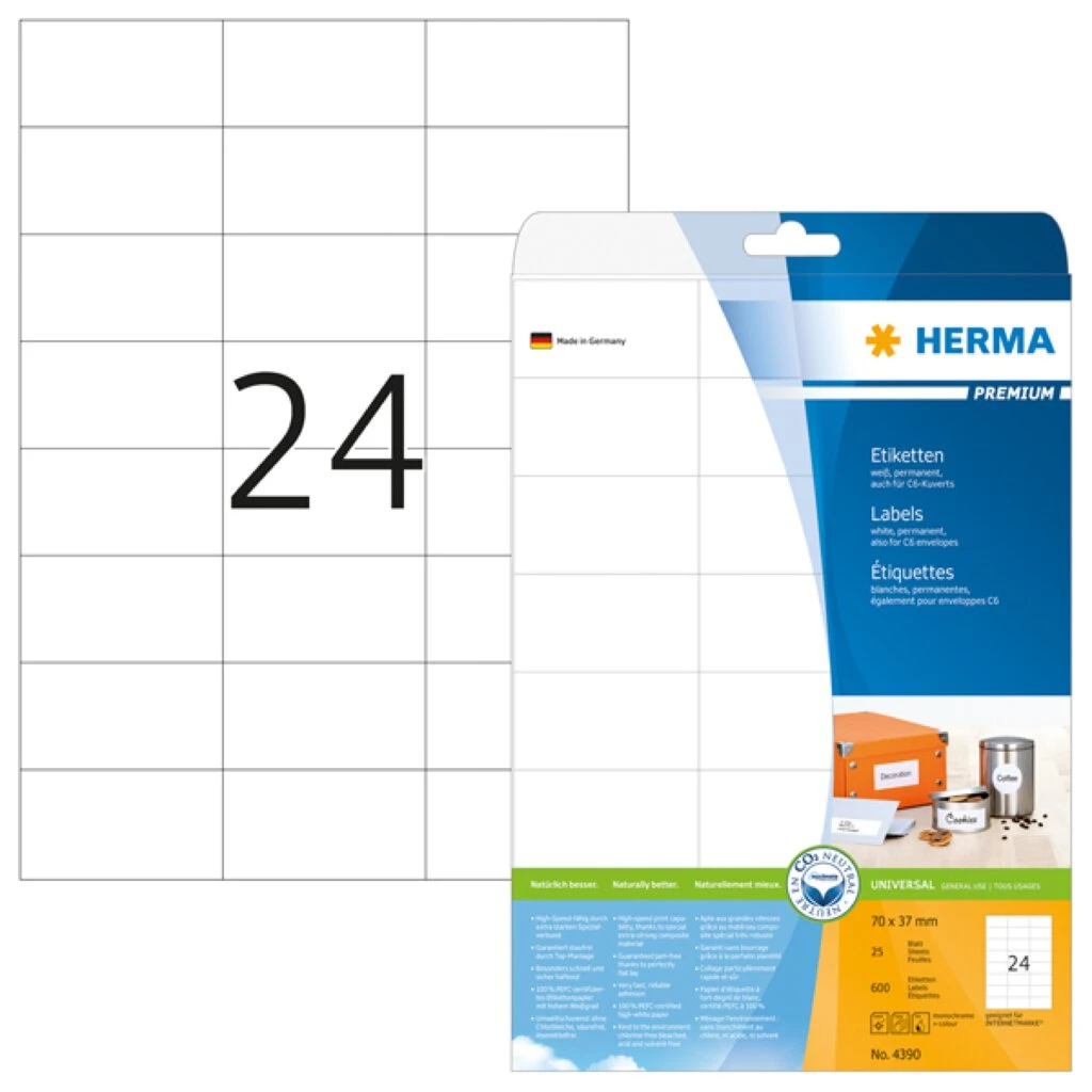 HERMA Universal-Etiketten PREMIUM, 70 x 37 mm, weiß (EAN: 4008705043908)
