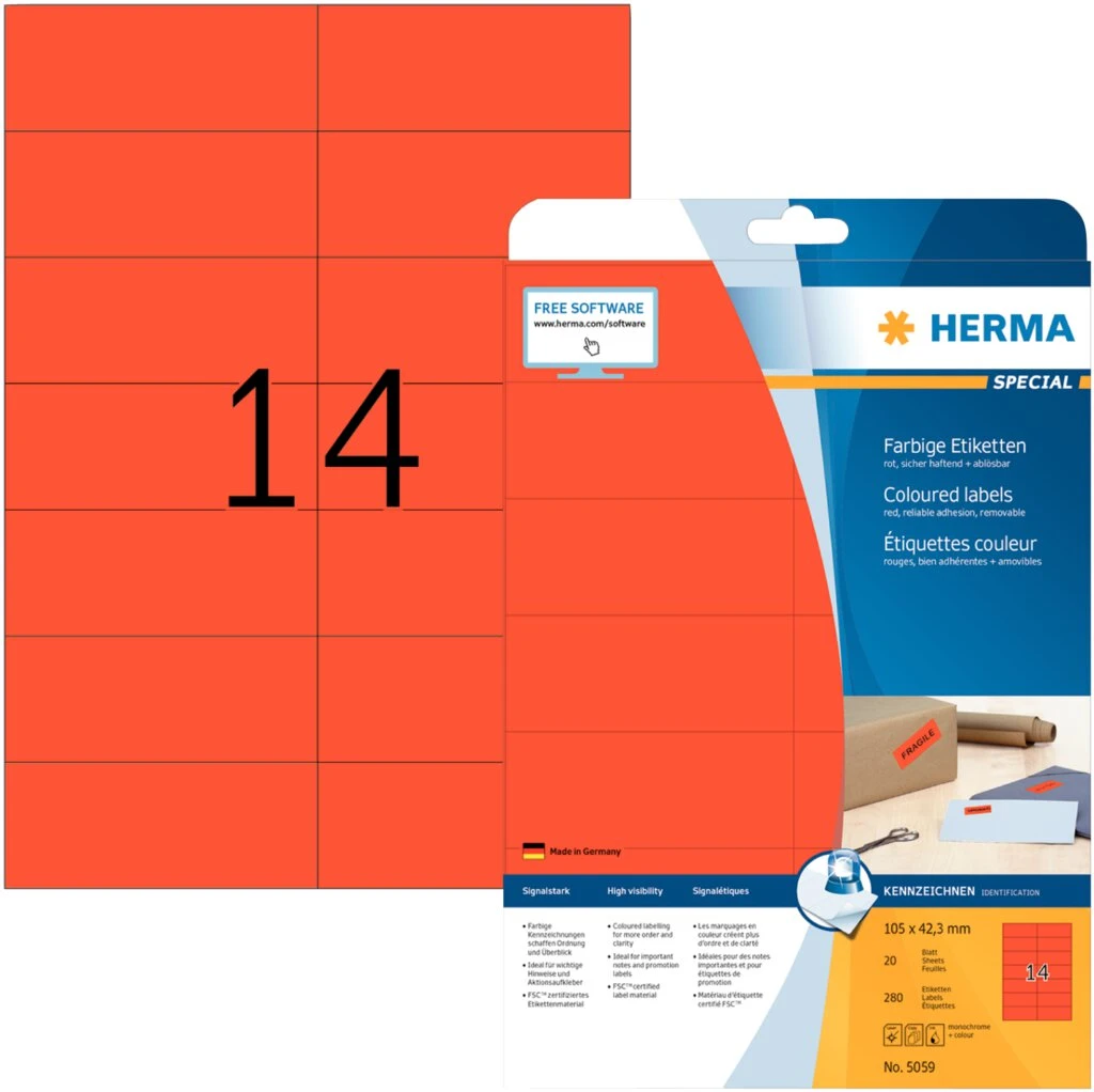 HERMA Universal-Etiketten SPECIAL, 105 x 42,3 mm, rot (EAN: 4008705050593)