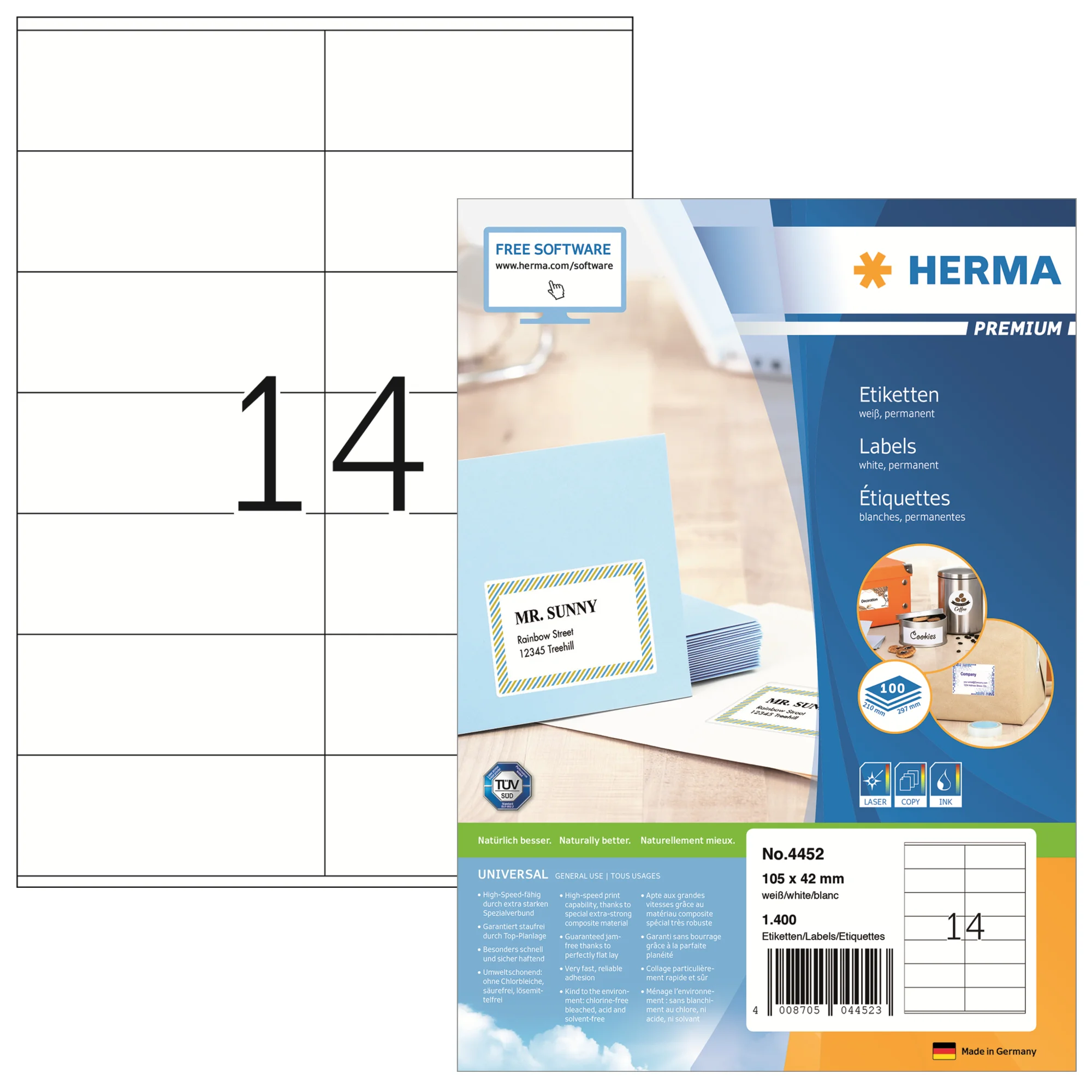 HERMA Universal-Etiketten PREMIUM, 105 x 42 mm, weiß (EAN: 4008705044523)