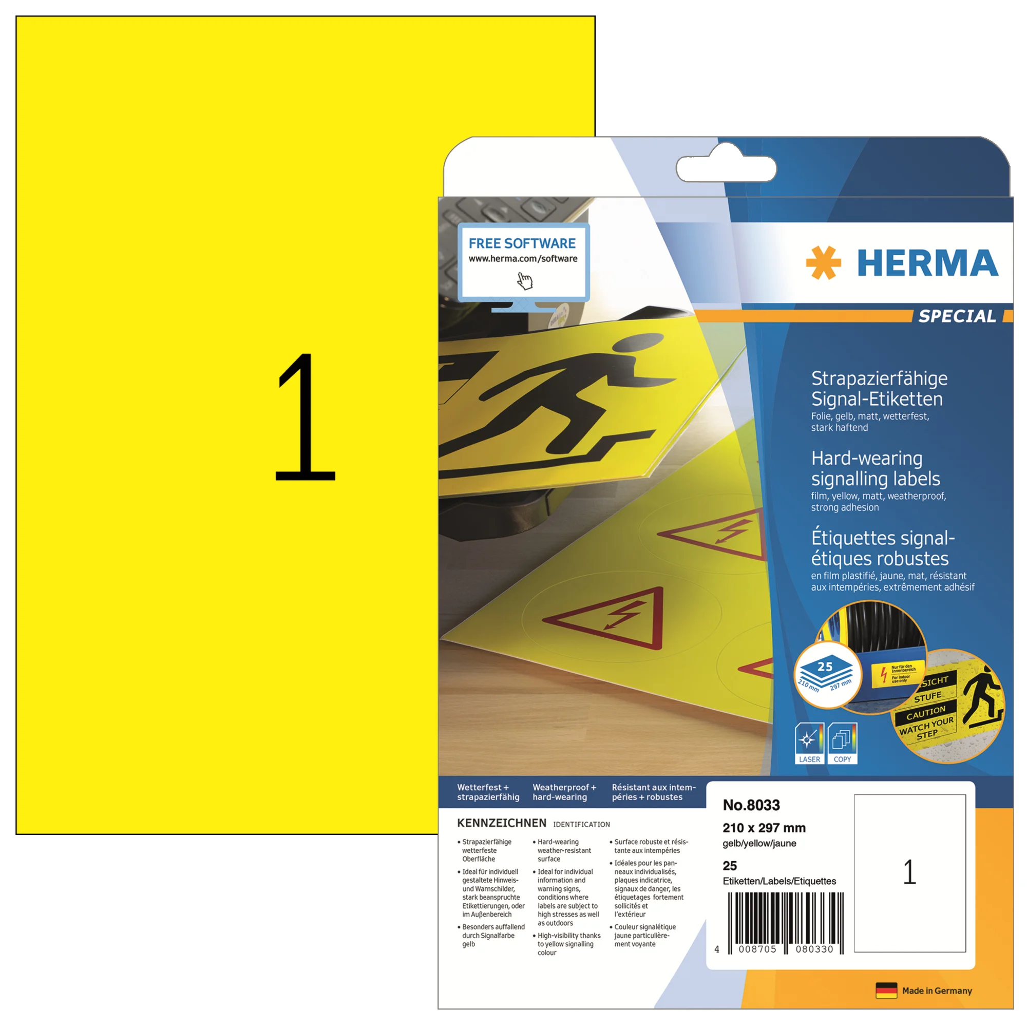 HERMA Signal-Etiketten SPECIAL, 210 x 297 mm, gelb (EAN: 4008705080330)