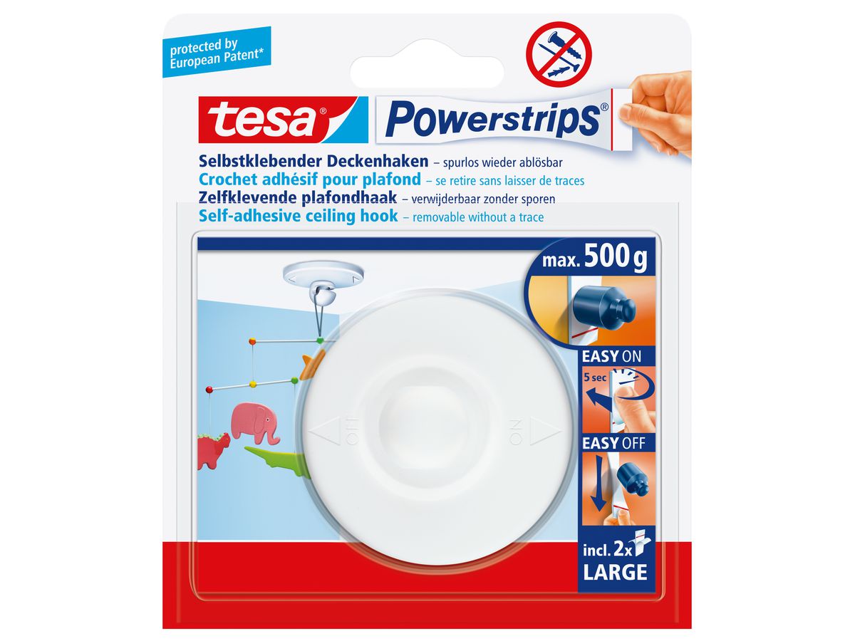 tesa Powerstrips Deckenhaken, weiß, Haltekraft: max. 0,5 kg (EAN: 4042448105684)