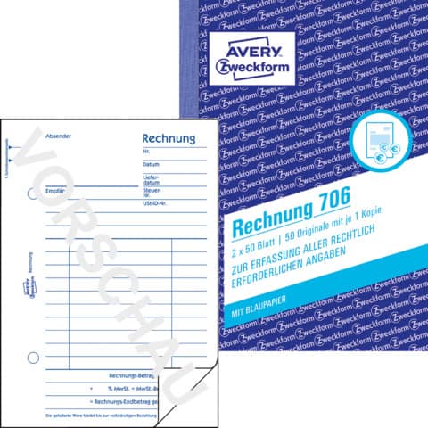 AVERY Zweckform Formularbuch "Rechnung", A6, 2 x 50 Blatt (EAN: 4004182007068)