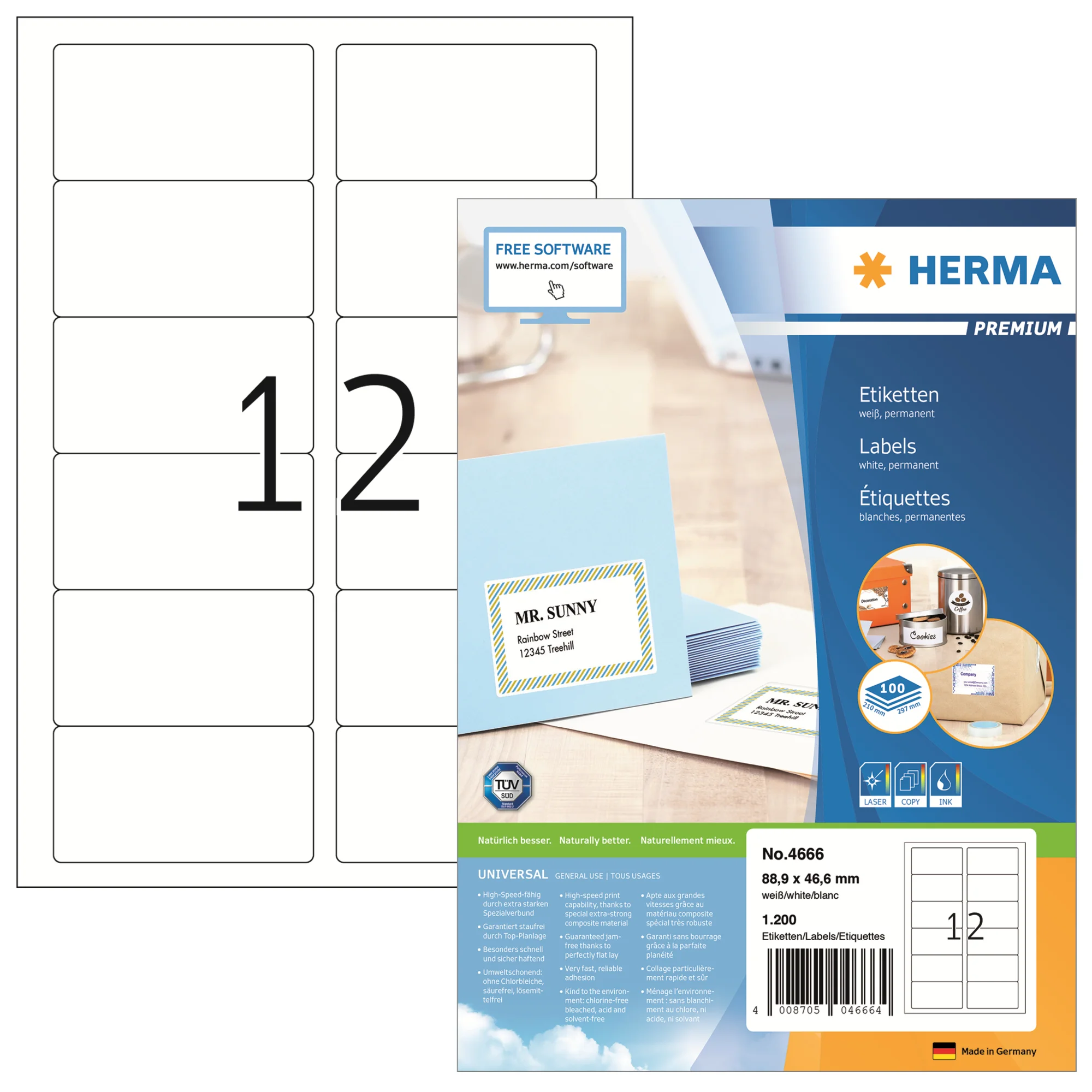 HERMA Universal-Etiketten PREMIUM, 88,9 x 46,6 mm, weiß (EAN: 4008705046664)