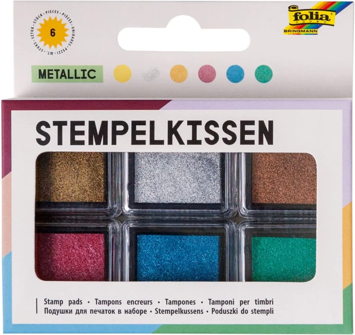 folia Stempelkissen Set "Metallic", 6-farbig sortiert, silber, gold, kupfer, blau-metallic, grün-, rot (EAN: 4001868119428)