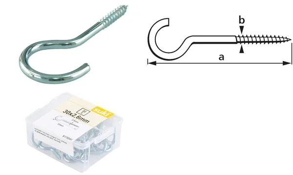 suki. Schraubhaken, gebogen, 30 x 2,6 mm, verzinkt, 30 Stück (EAN: 4004575750410)